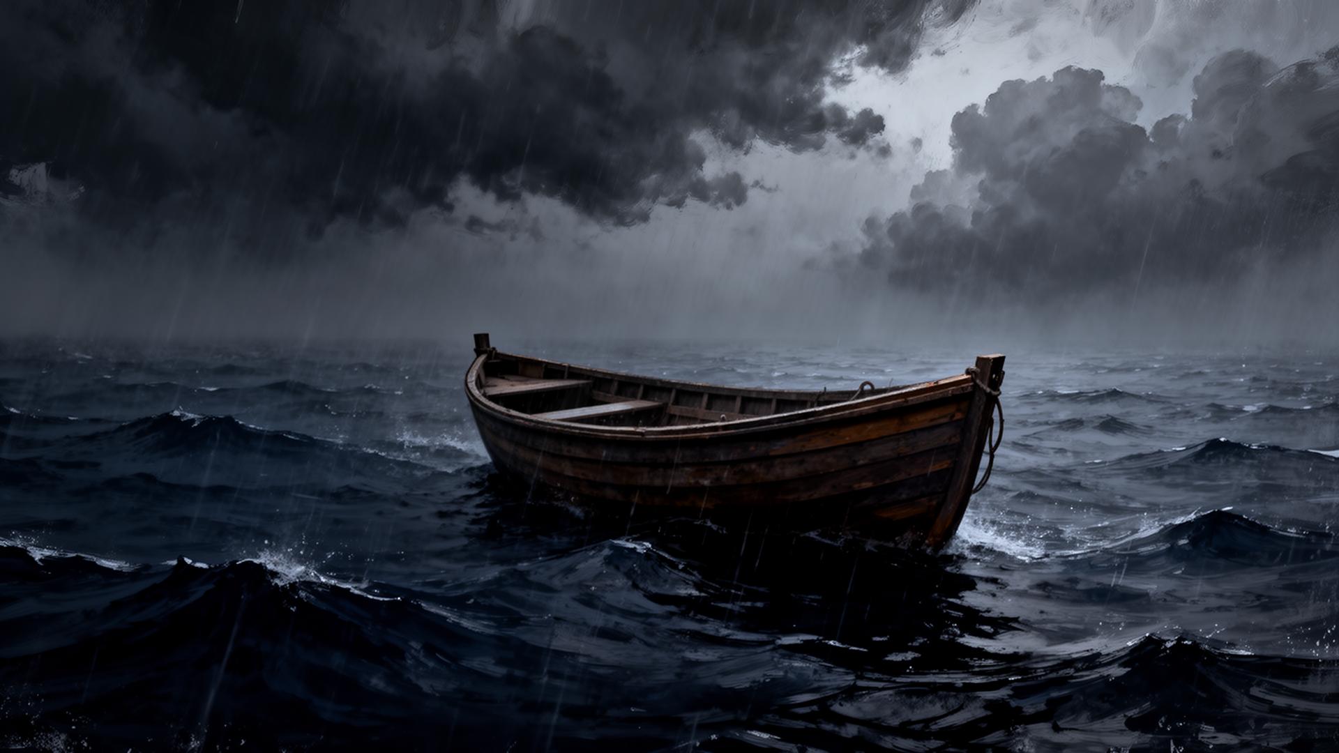 Barco à deriva em mar tempestuoso